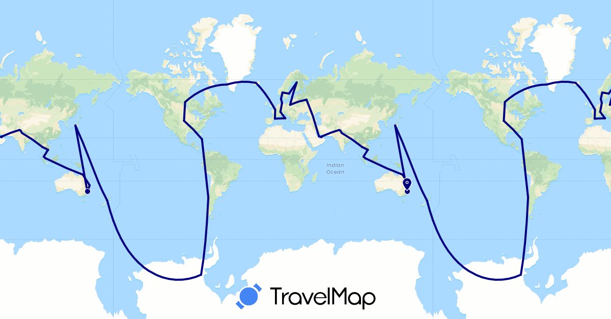 TravelMap itinerary: driving in United Arab Emirates, Australia, Canada, Chile, Cuba, Finland, India, Iceland, Italy, Japan, Malaysia, Norway, New Zealand, Pakistan, Poland, Qatar, Russia, Sweden, Singapore, United States (Asia, Europe, North America, Oceania, South America)